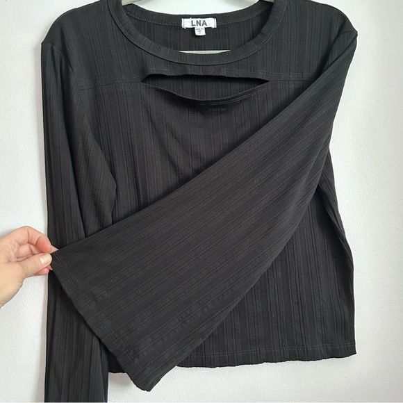 Revolve LNA Ribbed Rayon +Spandex Long Sleeve Crop Shirt with chest cutout - Picture 4 of 9